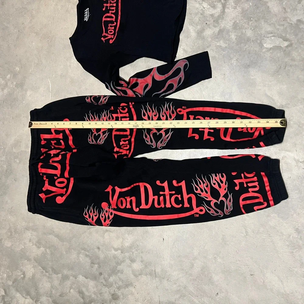 Von Dutch Womens 2 Piece Set Black Red Flame Crop Top Joggers L TVNO3A1275NV